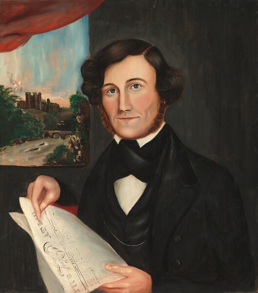 American 19th Century, Man Named Hubbard Reading "Boston Atlas"
