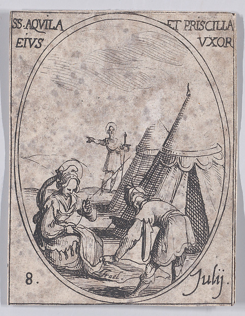 Jacques Callot, S. Aquilla et Se. Priscille, sa femme (St. Aquila and St. Priscilla, His Wife), July 8th, from "Les Images De Tous Les Saincts et Saintes de L'Année" (Images of All of the Saints and Feast Days of the Year)
