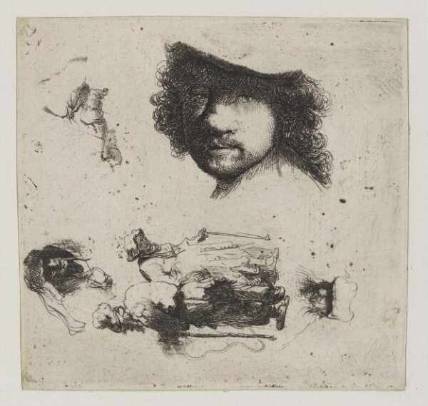 Rembrandt Harmensz van Rijn, Sheet of studies; head of the artist, a beggar couple, heads of an old man and an old woman, etc.