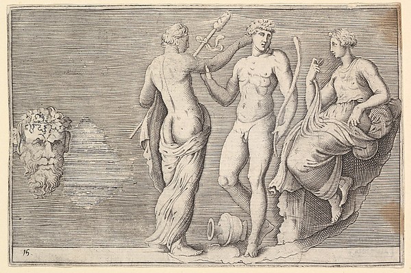 Anonymous, Italian, 16th century, Head of Satyr and Three Figures, from "Ex Antiquis Cameorum et Gemmae Delineata/ Liber Secundus/et ab Enea Vico Parmen Incis"