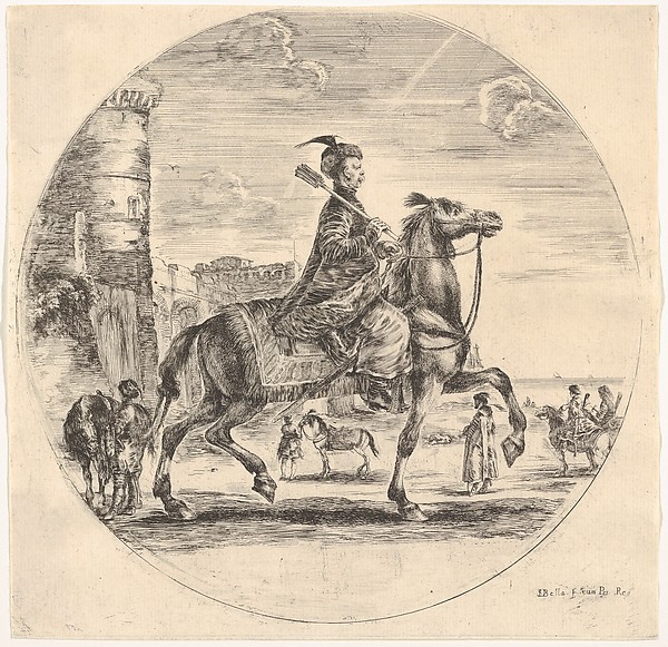 Stefano della Bella, Polish horseman in profile facing right, a tower and other figures on horses in background, a circular composition, from "Figures on Horseback" (Cavaliers nègres, polonais et hongrois)
