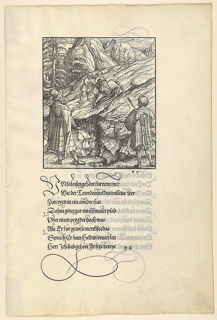 Hans Burgkmair, Theuerdarnk's Horse Falls Under Him, from [Theuerdank] Die geuerlicheiten vnd einsteils der geschichten des loblichen streytparen vnd hochberümbten helds vnd Ritters herr Tewrdannckhs