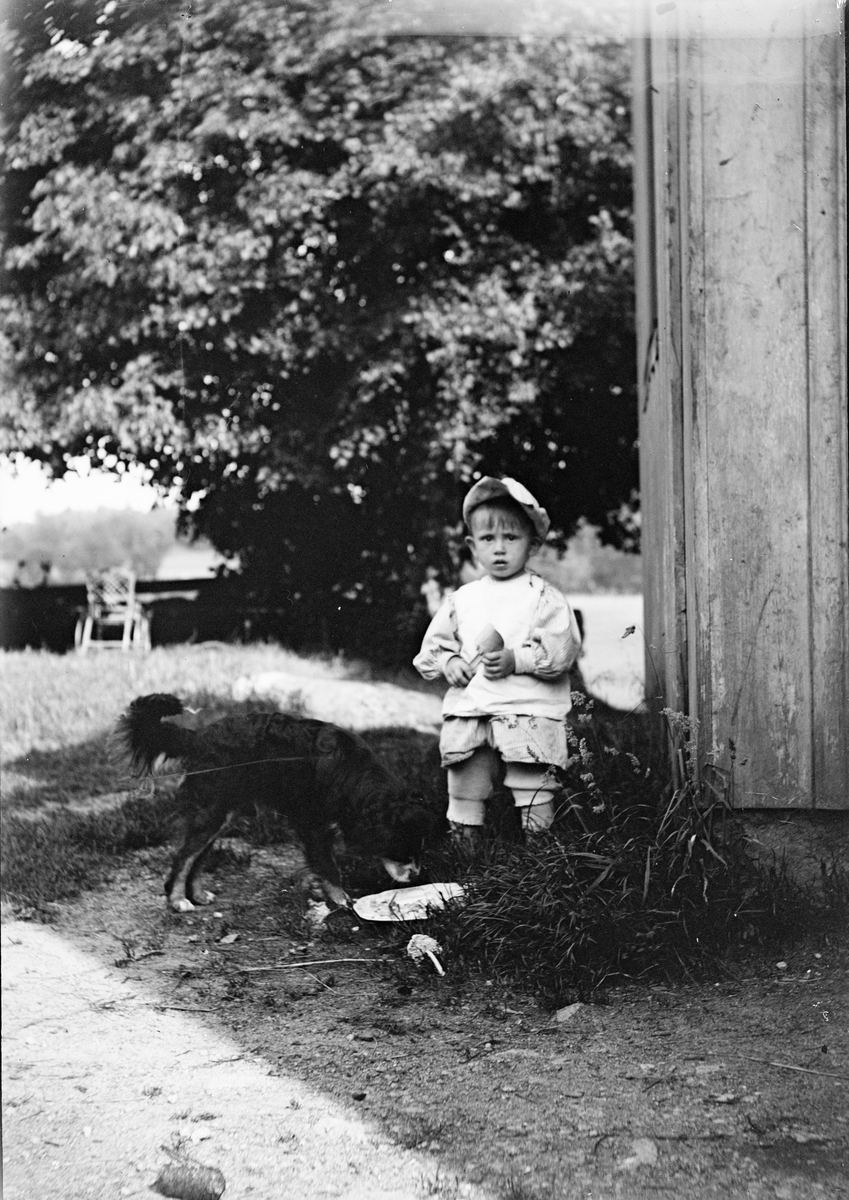 Okänd,, Liten pojke, sannolikt någon av Christiane och Ruben Liljefors söner, med hund ute på gården, sannolikt i Sverige