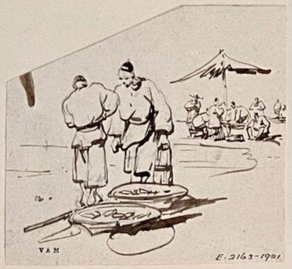 George Chinnery, Two Chinese figures on a beach, with a group beneath a parasol beyond
