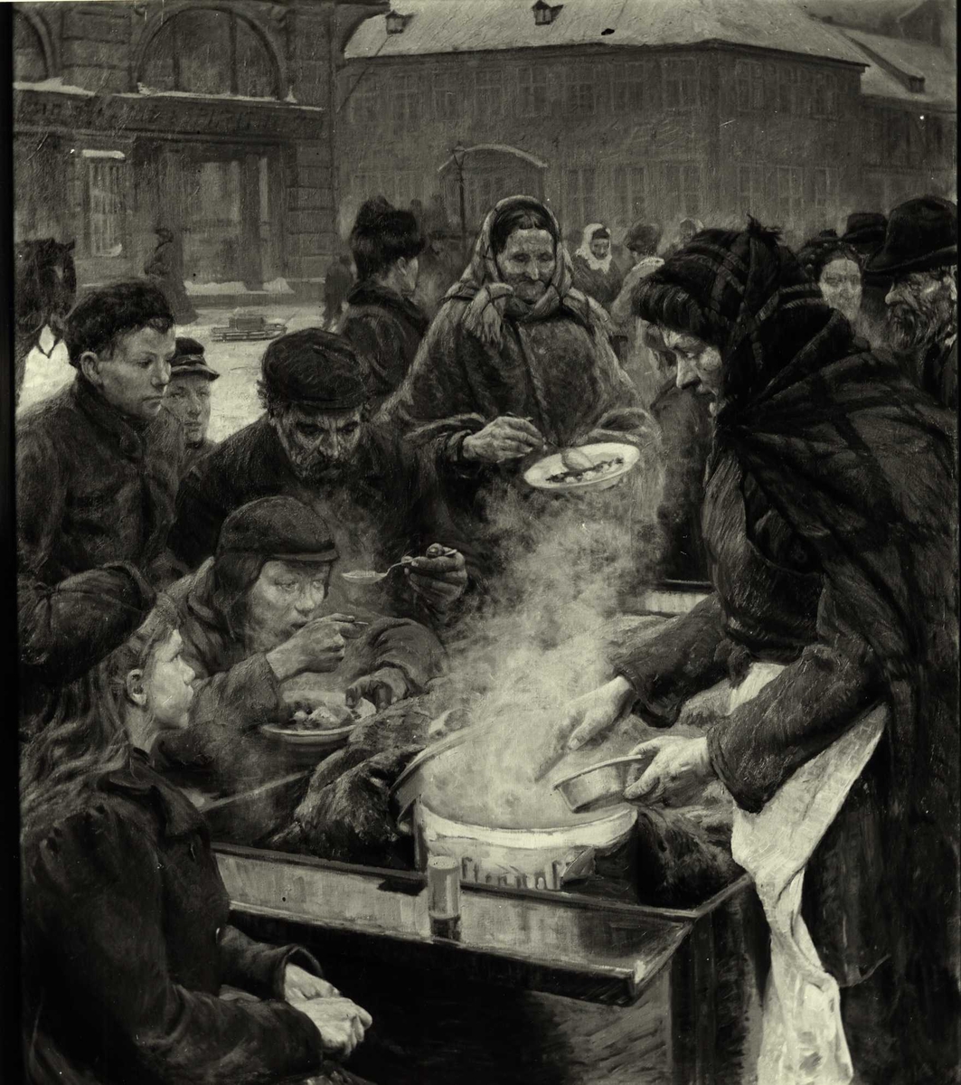 Anders Beer Wilse, "Fra Stortorvet", matutdeling for fattige i Oslo. Maleri av Gudmund Stenersen.