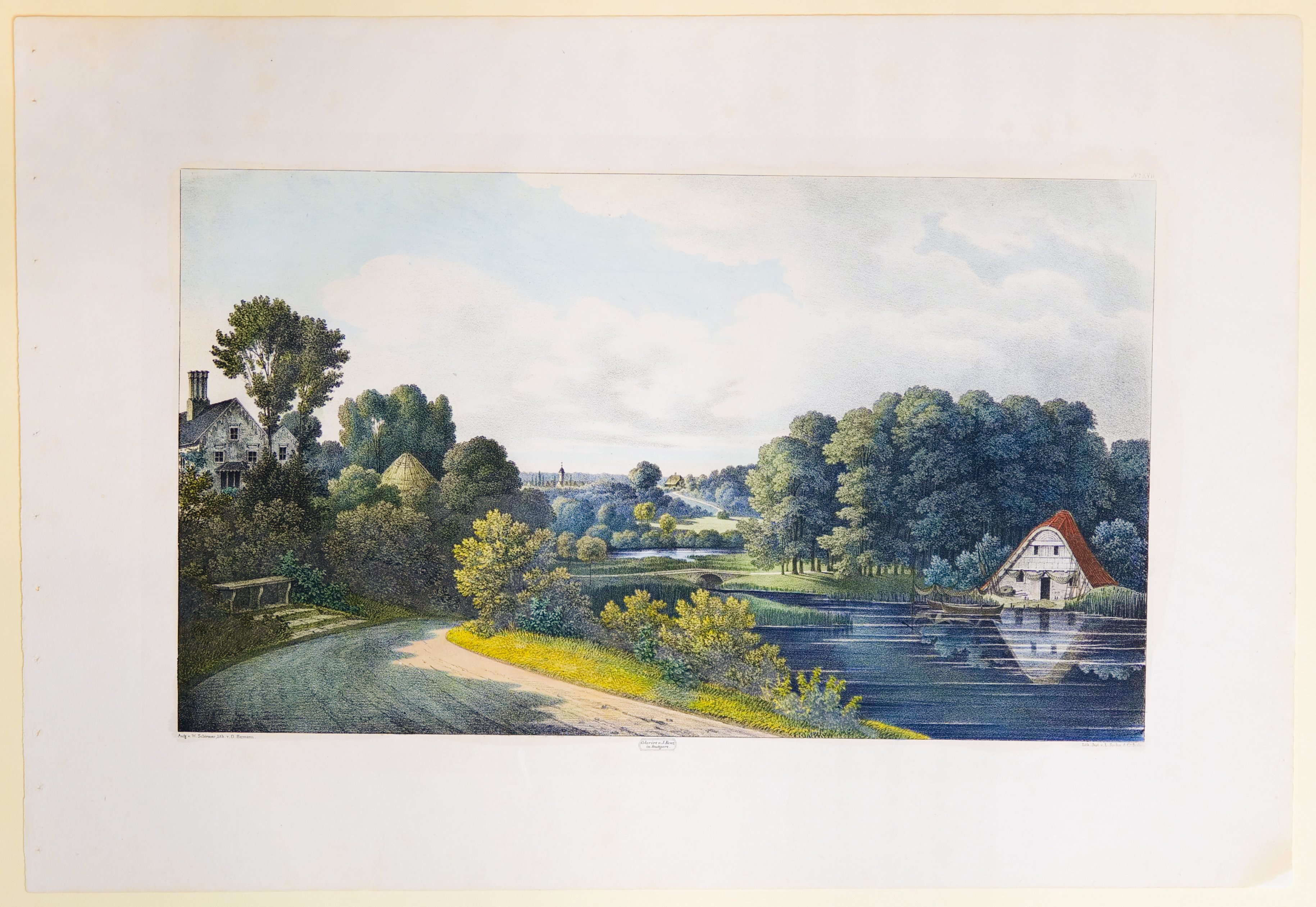 Hans Otto Hermann (Lithograf), Blick von der Gloriette auf Park mit See und Fischerhütte, Tafel XVII der "Andeutungen über Landschaftsgärtnerei"