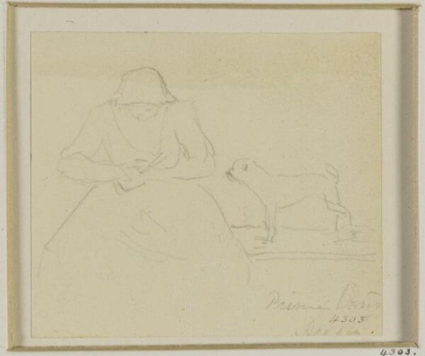 John Jackson, A woman seated on a form, knitting, with a dog standing at her left