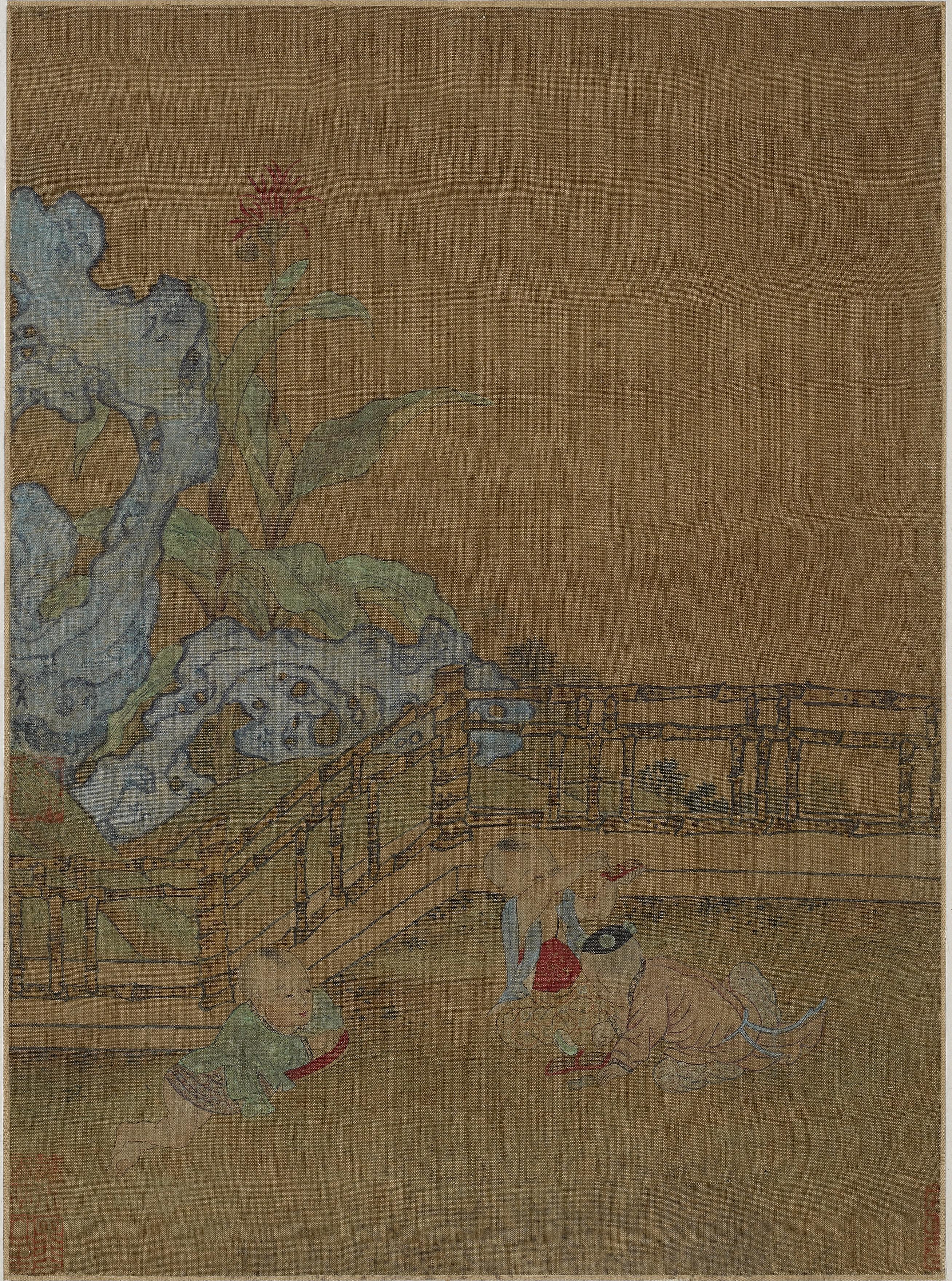Formerly attributed to Zhou Wenju, Three children playing on a garden terrace