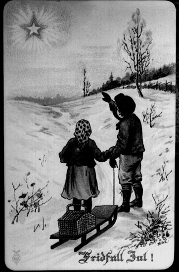 Unknown artist, Drawing. Motif: Winter picture, a boy and a girl with a toboggan watching a star in the sky. The text in the picture: “peaceful Christmas!”