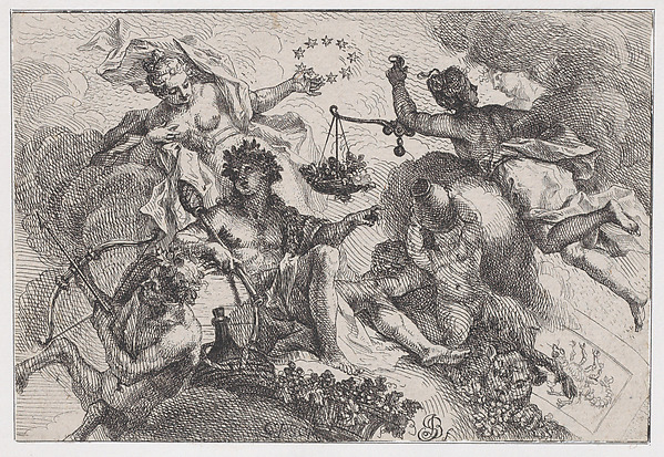 Johann Georg Bergmüller, Summer: allegorical scene with figures seated on clouds with bunches of grapes