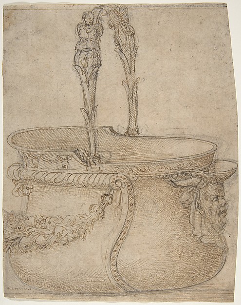 Girolamo Genga, Design for a Bucket-Like Vessel with a Handle of Two Interlaced Captives, on a Body Adorned with a Scroll, Garland, and a Spout with a Satyr's Head