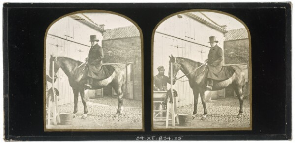 Unknown, [Unidentified British man wearing a top hat on horseback, another unidentified British man holding the bridle of the horse]