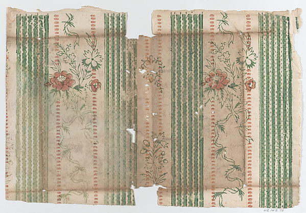 Anonymous, Sheet with two borders with stripes and a floral pattern