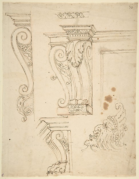 Anonymous, Italian, 16th century, Four Studies of Consoles and a Mask