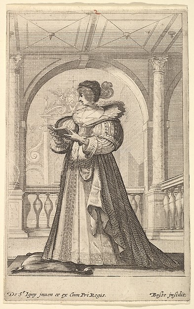 Abraham Bosse, A woman standing, facing the left in profile, wearing a hat and a lace collar, reading from a prayer book, from "French Nobility at Church"