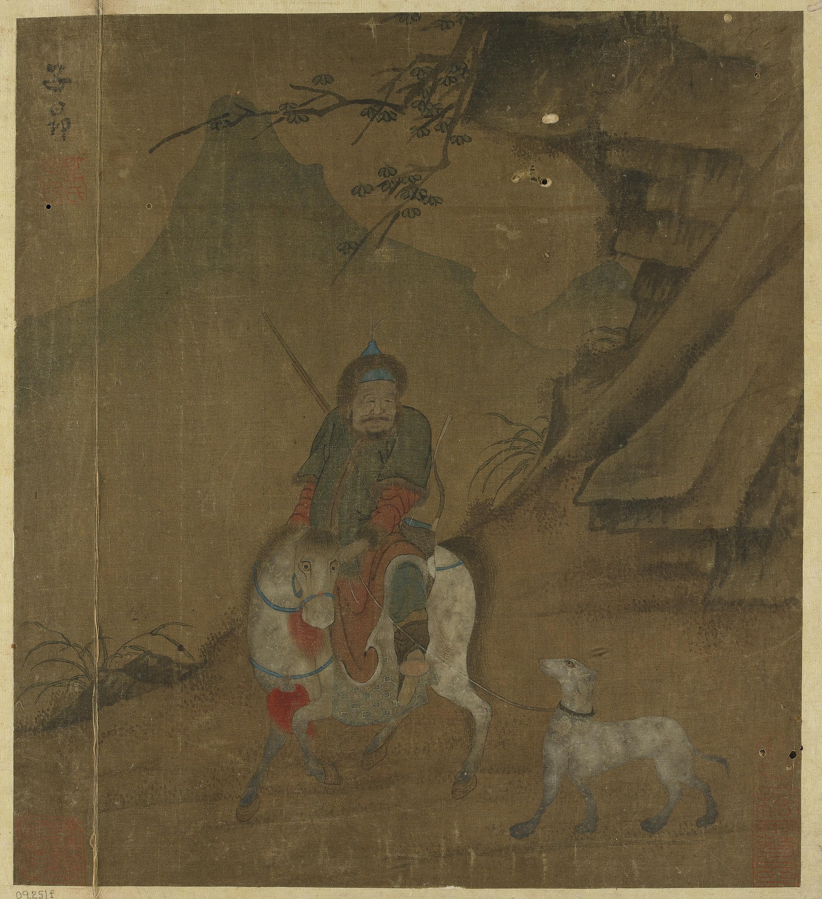 Formerly attributed to Zhao Mengfu, Mounted huntsman leading a dog