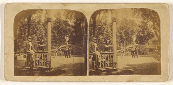Unknown, [Man and woman posed on porch, group of four outside on lawn]