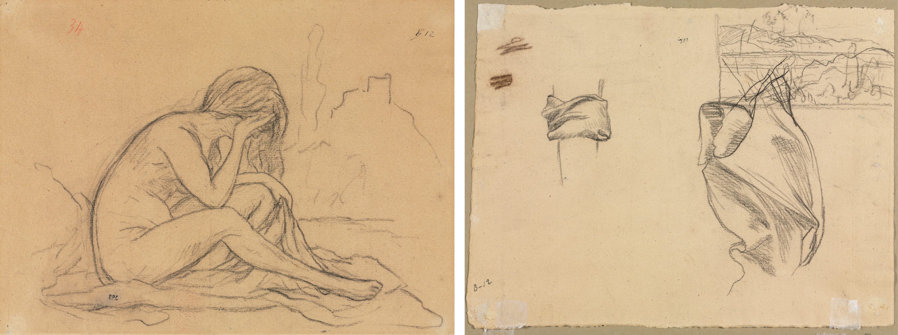 Pierre Puvis de Chavannes, Study of a Female Nude (possibly for an unrealized allegorical painting) (recto); Studies of Drapery and Study of a Landscape (verso)