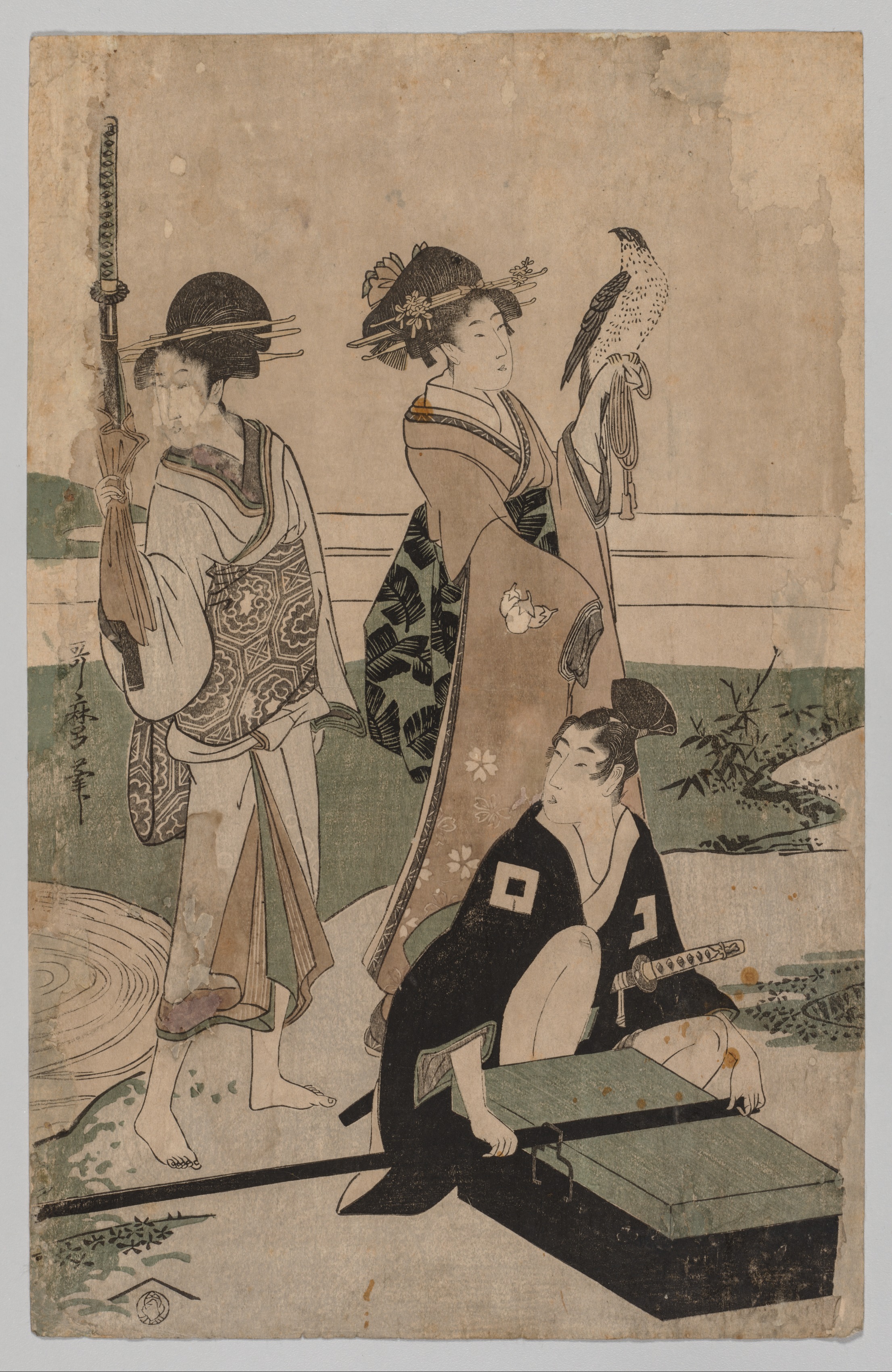 Kitagawa Utamaro, Daimyō and his Retinue Crossing a Stream in Plain Near Fuji