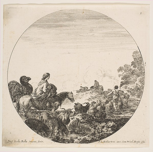 Stefano della Bella, A woman carrying a child on a horse at left, a camel following her, a herd of goats, sheep, and a shepherd in front of her at right, plate 5 from "Roman landscapes and ruins" (Paysages et ruines de Rome)