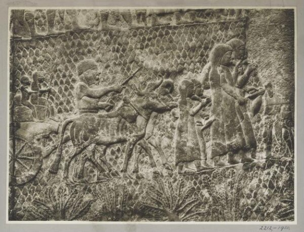 Unknown, Assyrian war relief depicting Sennacherib and the flight of the Canaanite inhabitants flight from Lachish. From Kunjurjik, 8th century B.C., London British Museum