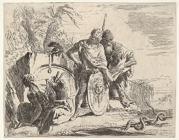 Giovanni Battista Tiepolo, Three figures and a snake coiled around a staff, surrounded by a landscape, the central figure rests his left hand on a shield and leans toward a bearded figure holding a book, from "The Capricci"