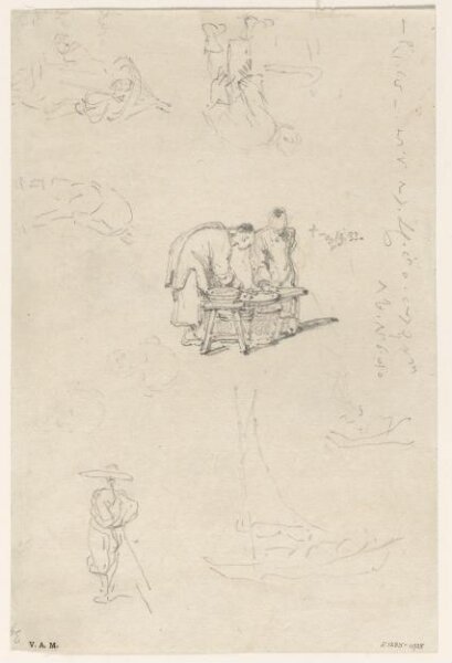 George Chinnery, Two Chinese men stooping over a table, and other sketches