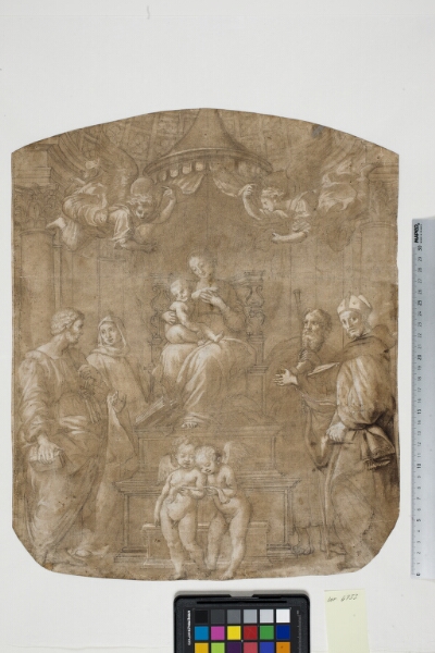 Raphael, Jomfru Maria med barnet omgivet af helgenerne Peter, Bernhard (eller Bruno), Jakob, Augustin og fire engle. Efter Raphaels "Madonna del Baldacchino"