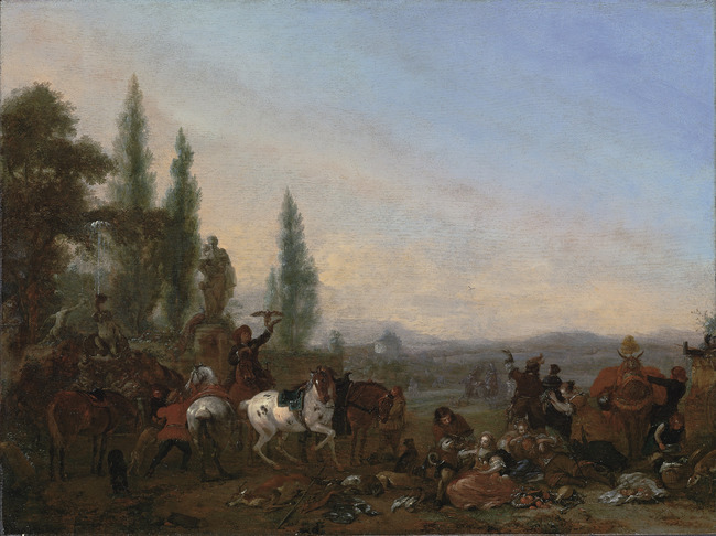Philips Wouwerman, Hawking party resting by a fountain