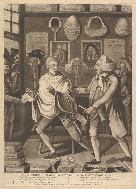 Philip Dawe, The Patriotick Barber of New York, or the Captain in the Suds