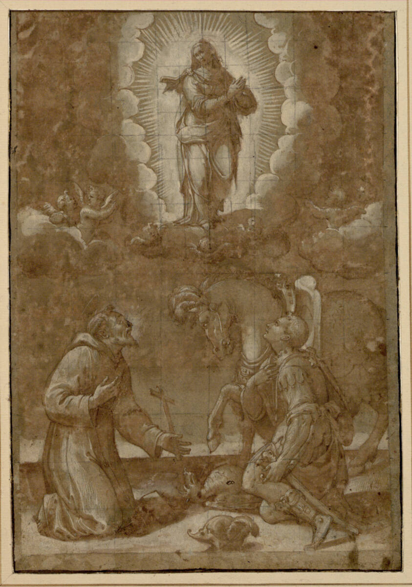 Anonym, Die Madonna in der Glorie. Die Heiligen Franziskus und Georg beten die in der Glorie schwebende Madonna an; neben dem heiligen Georg sein Pferd; am Boden der getötete Drache