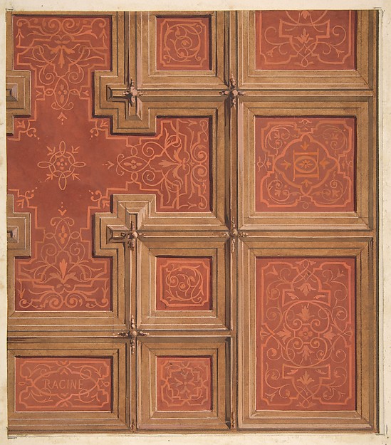 Jules-Edmond-Charles Lachaise, Design for the decoration of a coffered ceiling ornamented with the name "Racine" and entwined  letters: DD