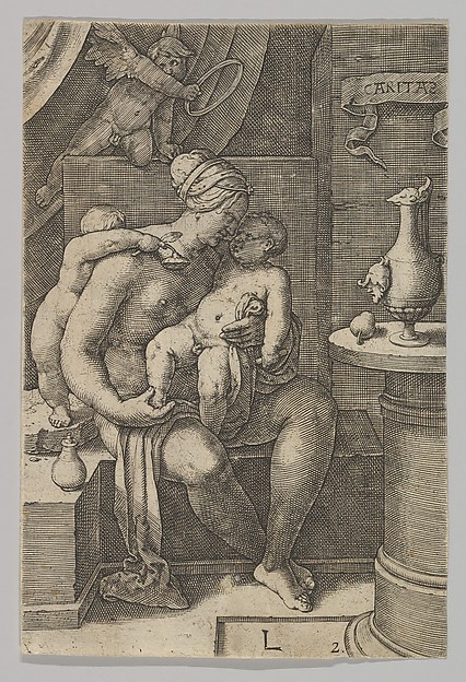 Lucas van Leyden, Charity, from the series The Virtues