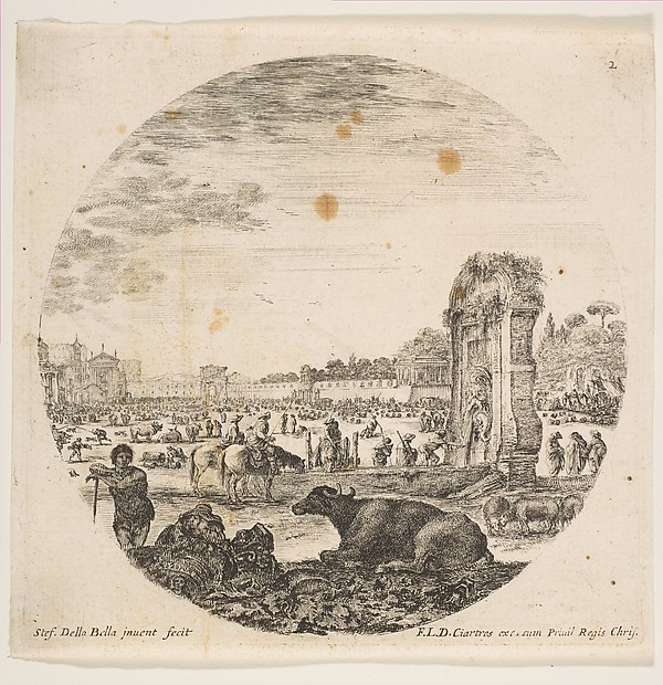 Stefano della Bella, Campo Vaccino, a buffalo and two shepherds in center, the Fontanone to right in the middle ground, various animals and people in the background, plate 2 from "Roman landscapes and ruins" (Paysages et ruines de Rome)