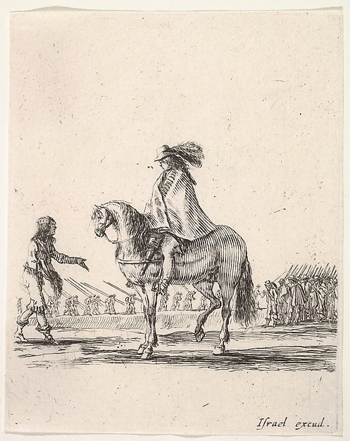 Stefano della Bella, Horseman in center facing left speaking to a man on foot, infantry troops in a line in the background, from "Various cavalry exercises" (Diverses exercices de cavalerie)