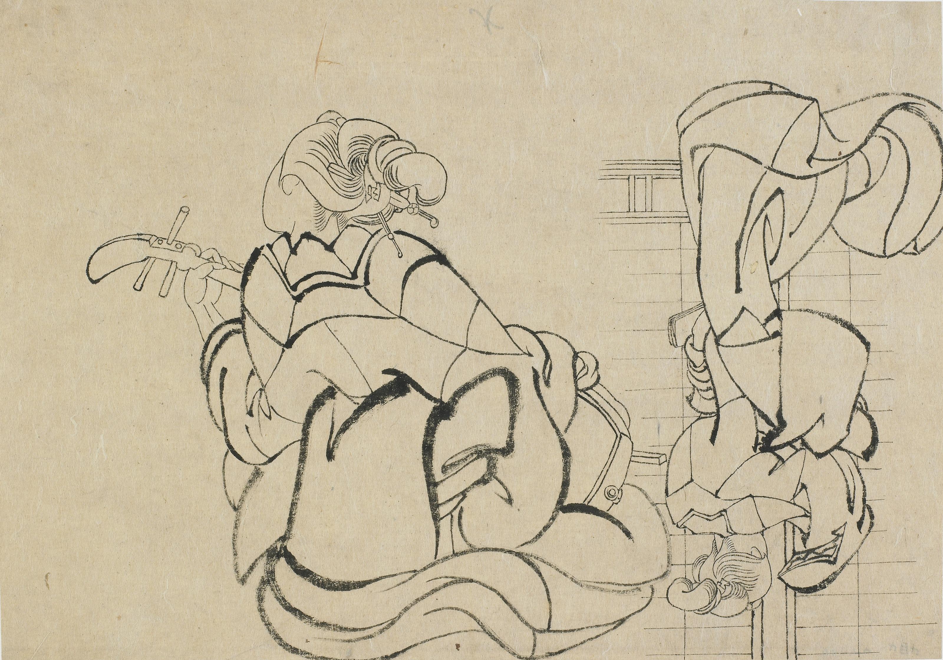 Katsushika Hokusai, Two sketches: lady playing samisen and lady with back to observer looks between open shoji