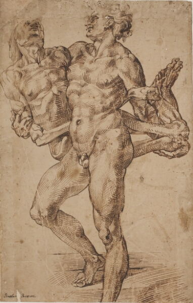 Bartolomeo Passarotti, En muskuløs mand bærer et afpillet lig