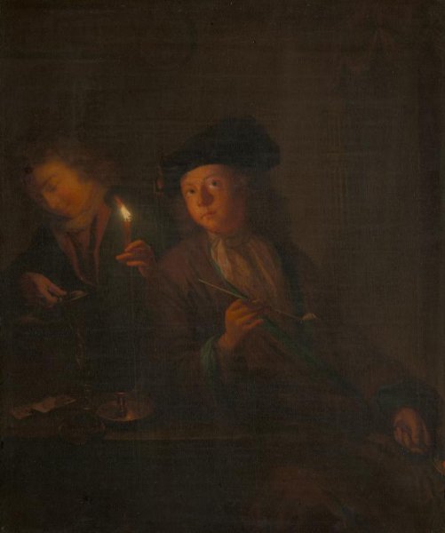 Godfried Schalcken, The Smoker (A Man with a Pipe and a Man Pouring a Beverage into a Glass)