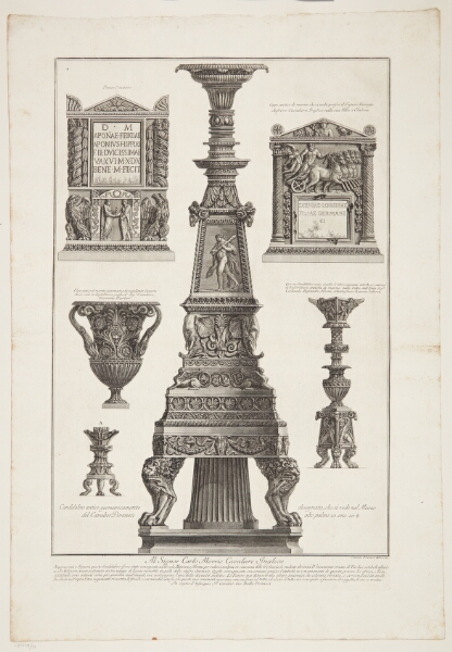 Giovanni Battista Piranesi, Kandelabre, en vase og to urner
