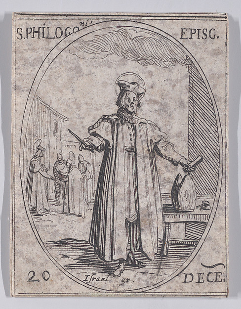 Jacques Callot, S. Philogone, évêque (St. Philogonius, Bishop), December 20th, from "Les Images De Tous Les Saincts et Saintes de L'Année" (Images of All of the Saints and Religious Events of the Year)