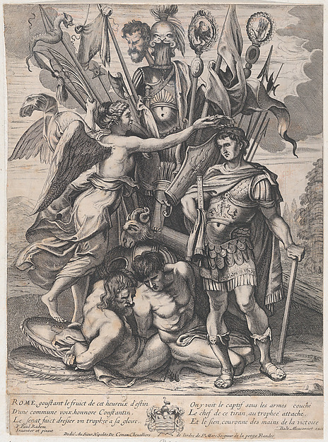 Anonymous, The Trophy of Constantine, with Victory at left crowning the emperor with a laurel, behind them a bounty of arms, armor, prisoners, and Maxentius' head on a stick