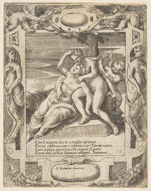 Giulio Bonasone, Ixion embracing a cloud, thinking it is Juno, Cupid at the right, set within an elaborate frame, from "Loves, Rages and Jealousies of Juno"