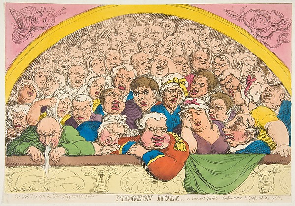 Thomas Rowlandson, Pidgeon Hole. A Convent Garden Contrivance to Coop up the Gods