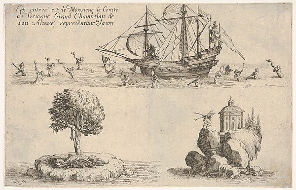 Jacques Callot, The entry of the Count of Brionne: in the upper image, the count stands on a shipdeck in the guise of Jason, with mermaids and tritons playing musical instruments in the water below; at lower left, the Golden Fleece hangs in a tree above a recumbent dragon; at lower right, a winged figure of Fame p…