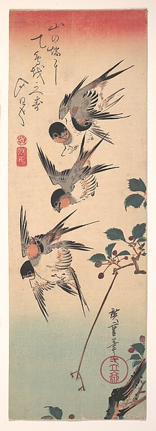 Utagawa Hiroshige, Swallows and Budding Wild Cherry