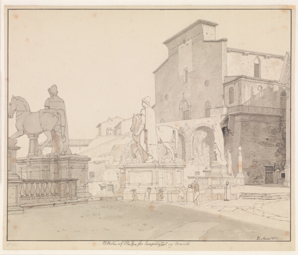 C.W. Eckersberg, Et parti af Piazza del Campidoglio set mod balustraden med Dioskurerne og kirken S. Maria in Aracoeli