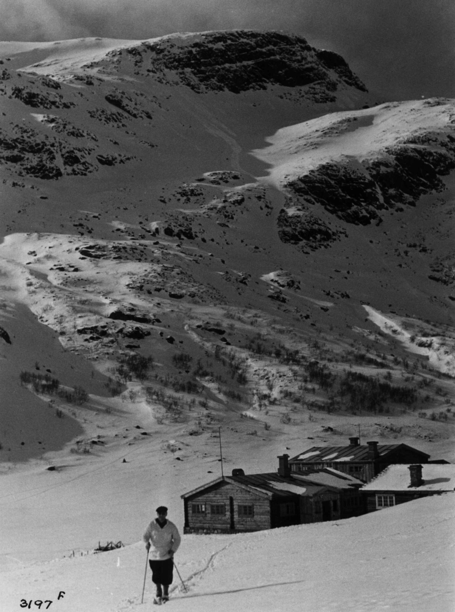 Anders Beer Wilse, Skiløper ved Spiterstulen i Visdalen i Jotunheimen med snødekte fjell.