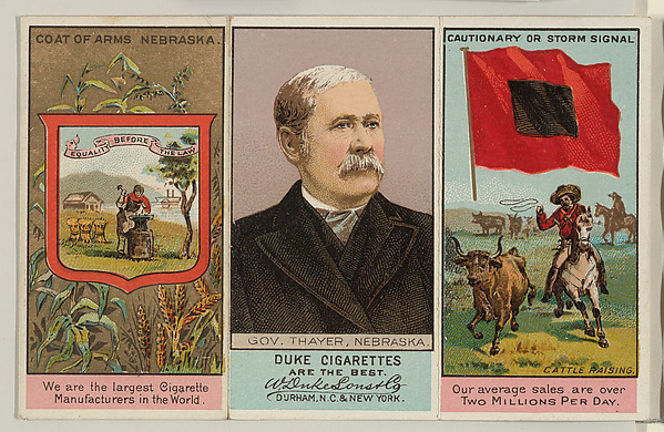 W. Duke, Sons & Co., Governor Thayer, Nebraska, from "Governors, Arms, Etc." series (N133-2), issued by Duke Sons & Co.
