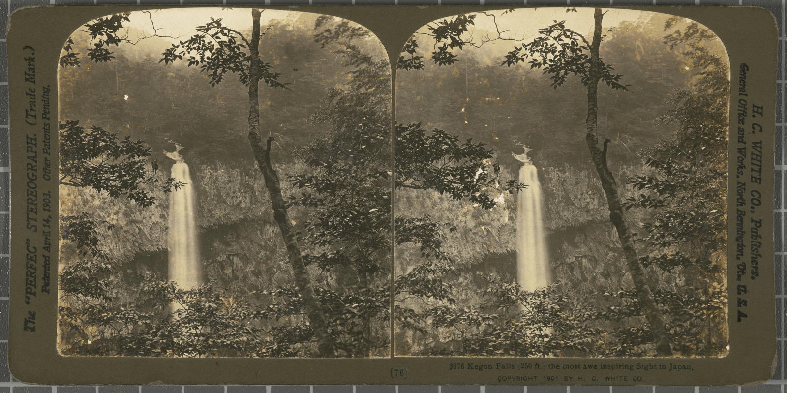 Desconegut, Kegon Falls (250 ft.) the most awe inspiring Sight in Japan. White, H.C. & Co., The "Perfec" Stereograph