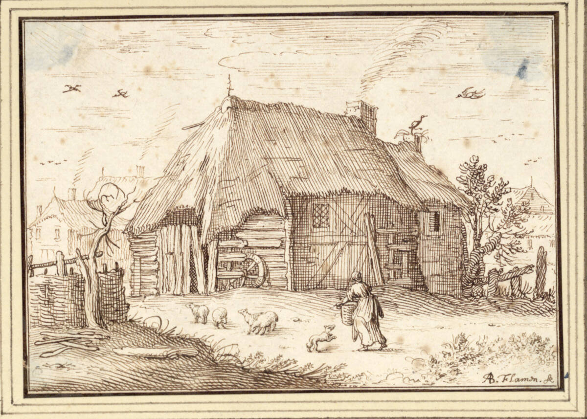 AlbertFlamen, Bauernhütte mit Bäuerin, die einen Korb trägt (III-40)